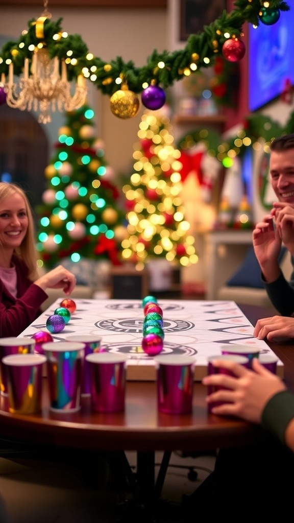 Players enjoying a Christmas ornament cup game with colorful ornaments and cups on a festive table.